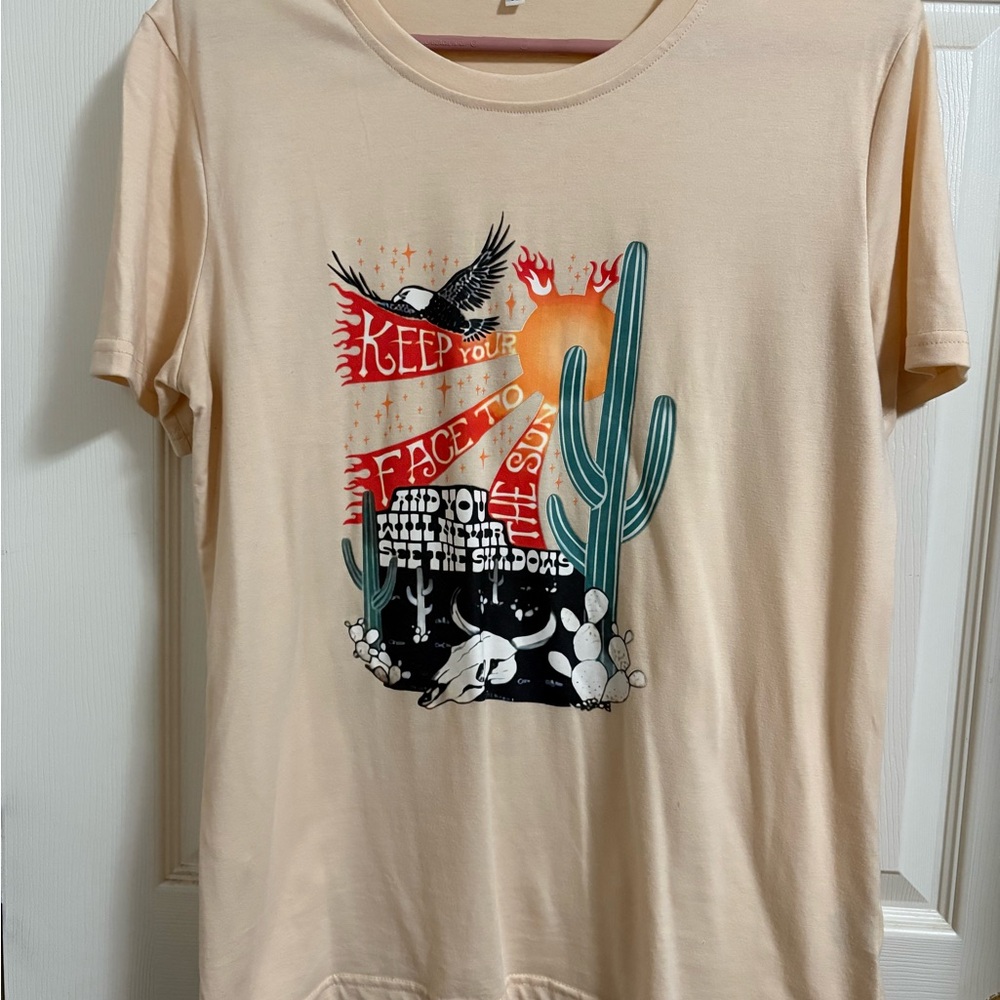 Beige Graphic Tee with Cactus and Sun Design
